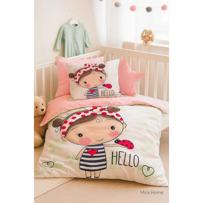 Dijital Baskılı 3d Pamuklu Yenidoğan Bebek Nevresim Takımı Hello Girl