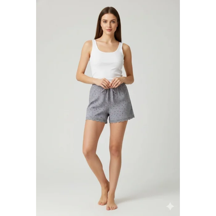 Düz Renk Mini Çiçek Desenli Penye Kadın Ev Şortu Bacak Dantel Detaylı Ev Giyim Gri
