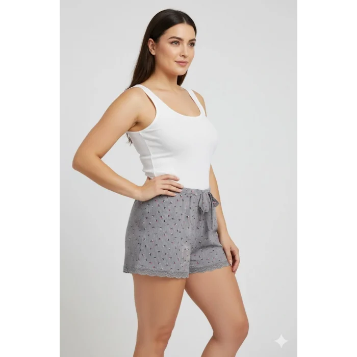 Düz Renk Mini Çiçek Desenli Penye Kadın Ev Şortu Bacak Dantel Detaylı Ev Giyim Gri