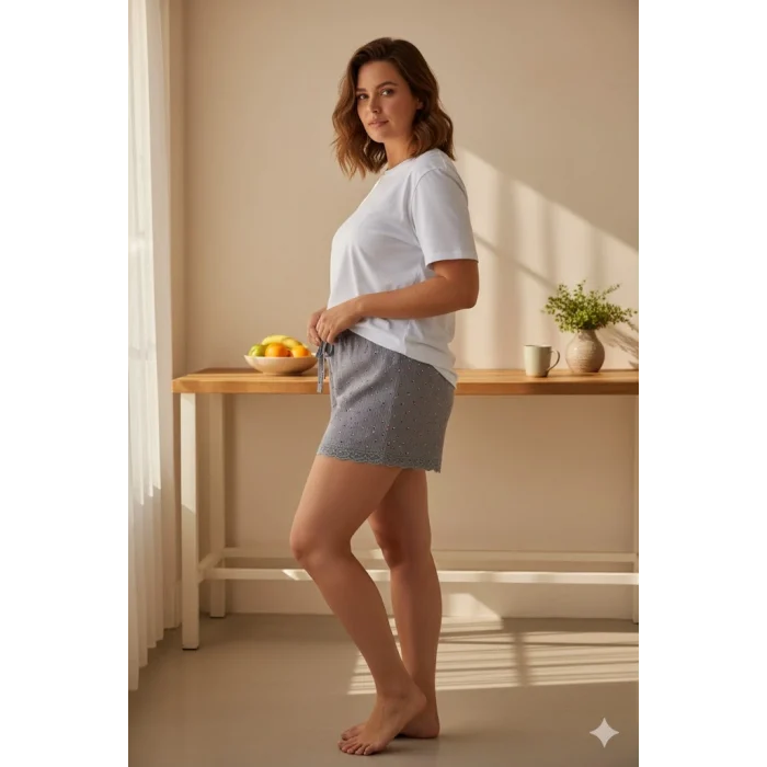 Düz Renk Mini Çiçek Desenli Penye Kadın Ev Şortu Bacak Dantel Detaylı Ev Giyim Gri