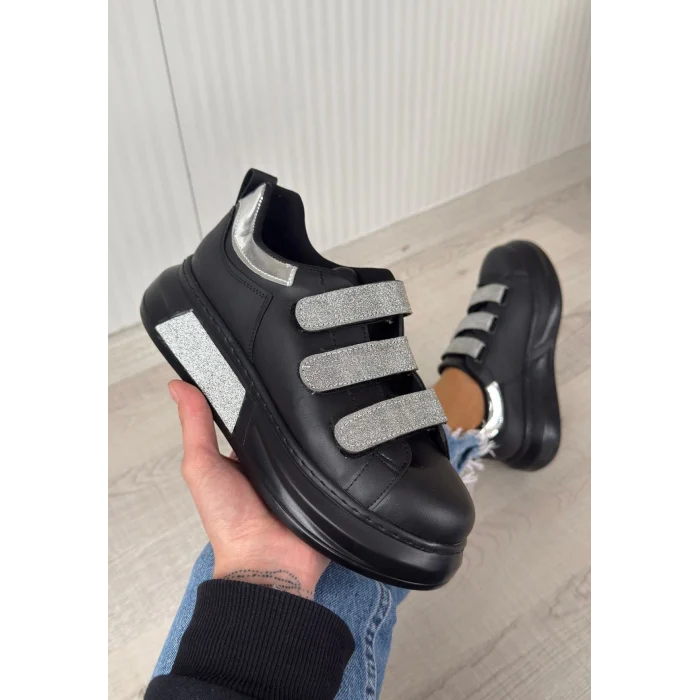 Elika Siyah Cilt Simli Cırt Cırtlı Spor Ayakkabı