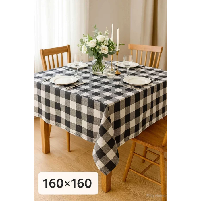 Fiber Kareli Masa Örtüsü Sofra Bezi Ekose Desen 160x160 Cm Siyah