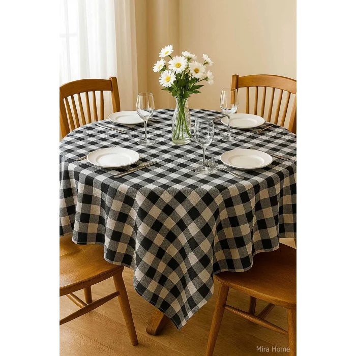 Fiber Kareli Masa Örtüsü Sofra Bezi Ekose Desen 160x160 Cm Siyah