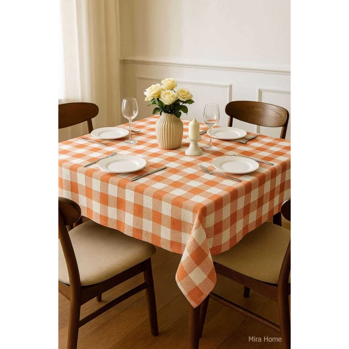 Fiber Kareli Masa Örtüsü Sofra Bezi Ekose Desen 160x160 Cm Turuncu