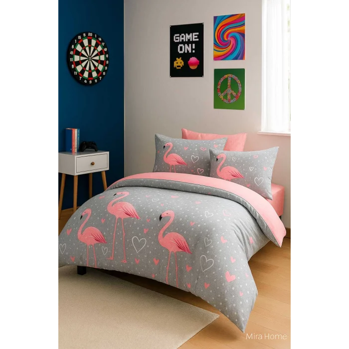 Flamingo Desenli  Pamuklu Tek Kişilik Nevresim Takımı