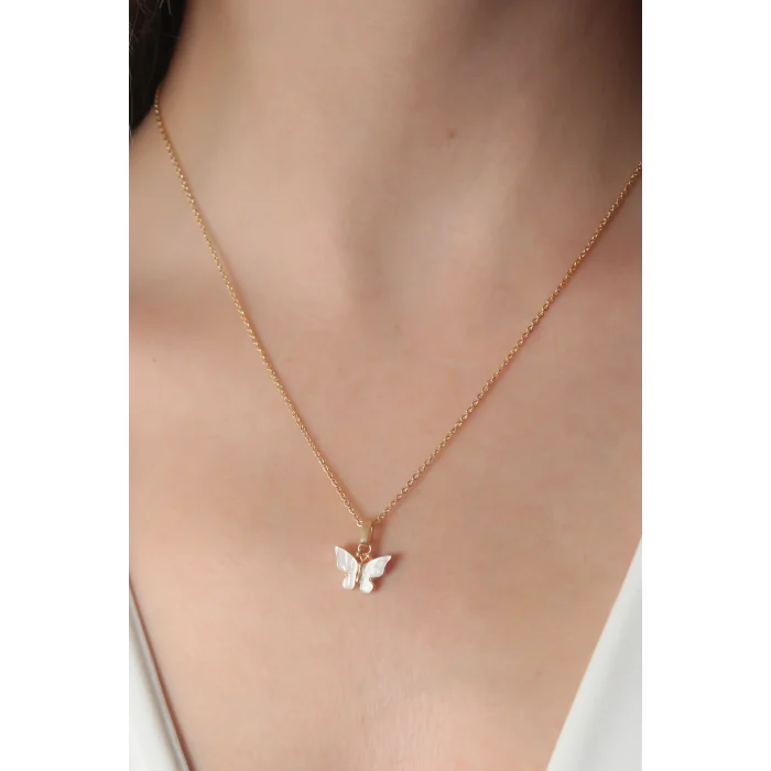 Gold Beyaz Renk Kelebek Figür Kadın Kolye