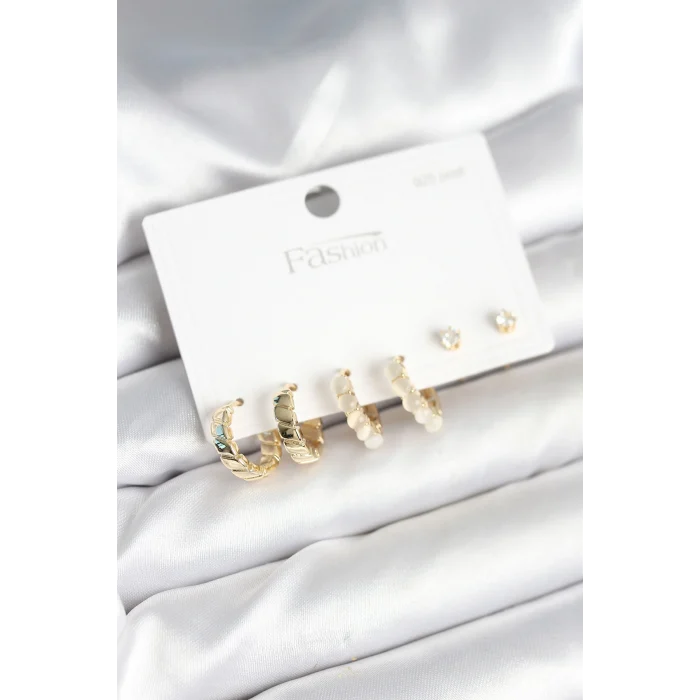 Gold Renk Pirinç Halka 925 Ayar Gümüş Çivili Kadın Küpe Seti