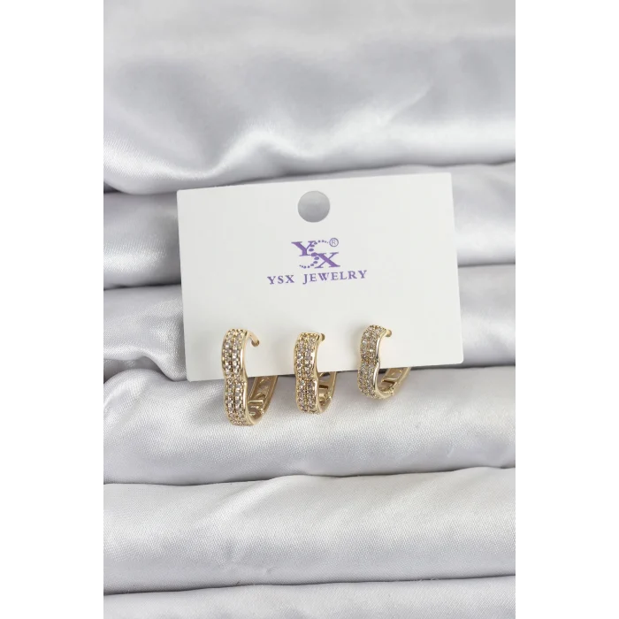 Gold Renk Pirinç Zirkon Taşlı Kalpli Kadın Küpe