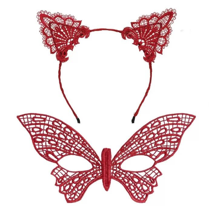 Gösterişli Kırmızı Dantel Maske ve Taç Seti 7 No – Masquerade ve Davetler için
