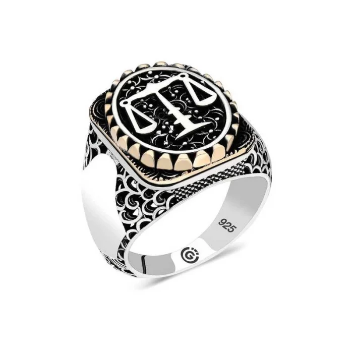 Luz&Pos Gümüş Adalet Terazisi Oval Erkek Yüzük