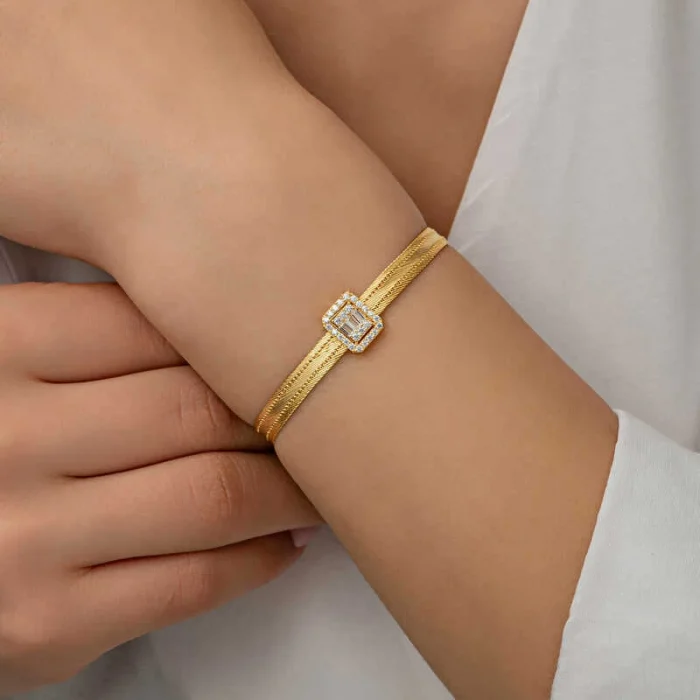 Luz&Pos Gümüş Gold Baget Taşlı Trabzon Hasır Kadın Bileklik