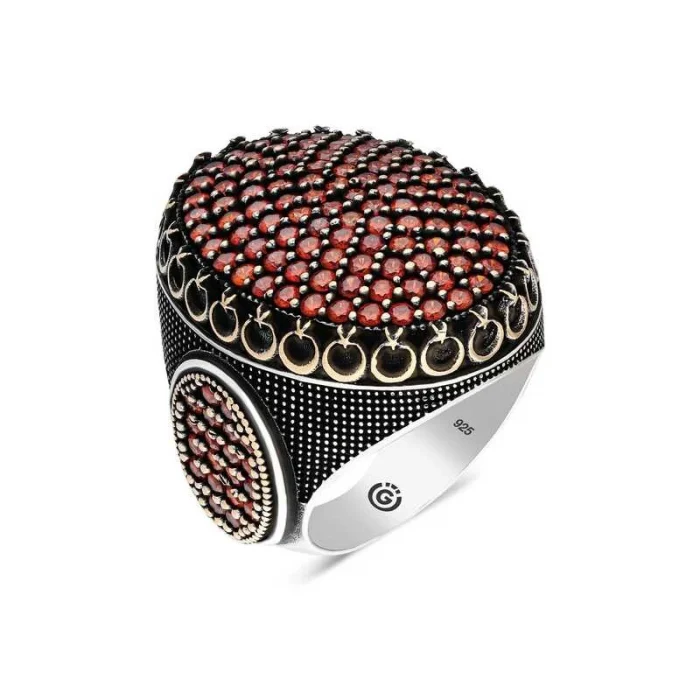 Luz&Pos Gümüş Kırmızı Zirkon Taşlı Oval Erkek Yüzük