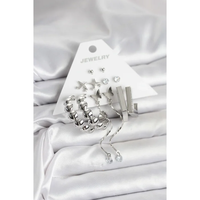 Gümüş Renk Pirinç 6lı Kadın Küpe Seti