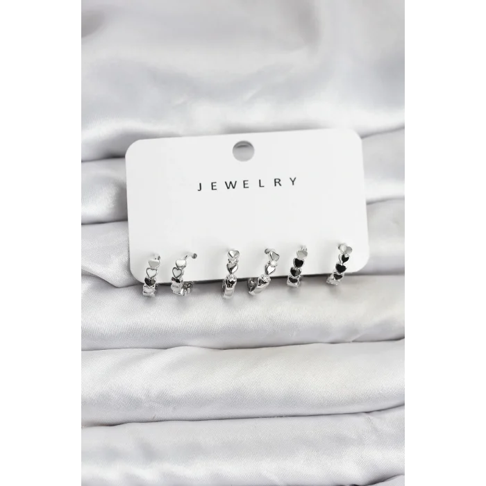 Gümüş Renk Pirinç Minimal Kalp Detaylı Kadın Küpe Seti