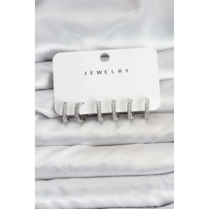 Gümüş Renk Pirinç Zirkon Taşlı Halka Kadın Küpe Seti