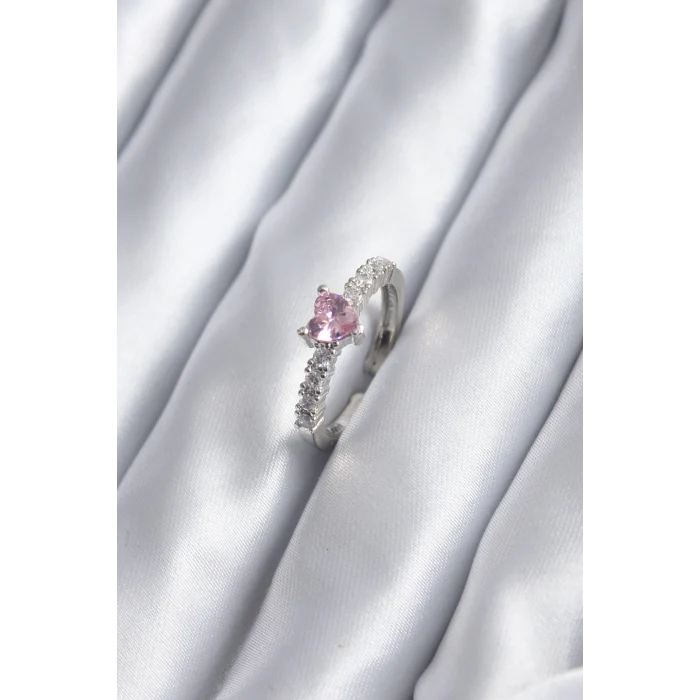 Gümüş Renk Zirkon Taşlı Pembe Kristal Kalp Model Kadın Yüzük