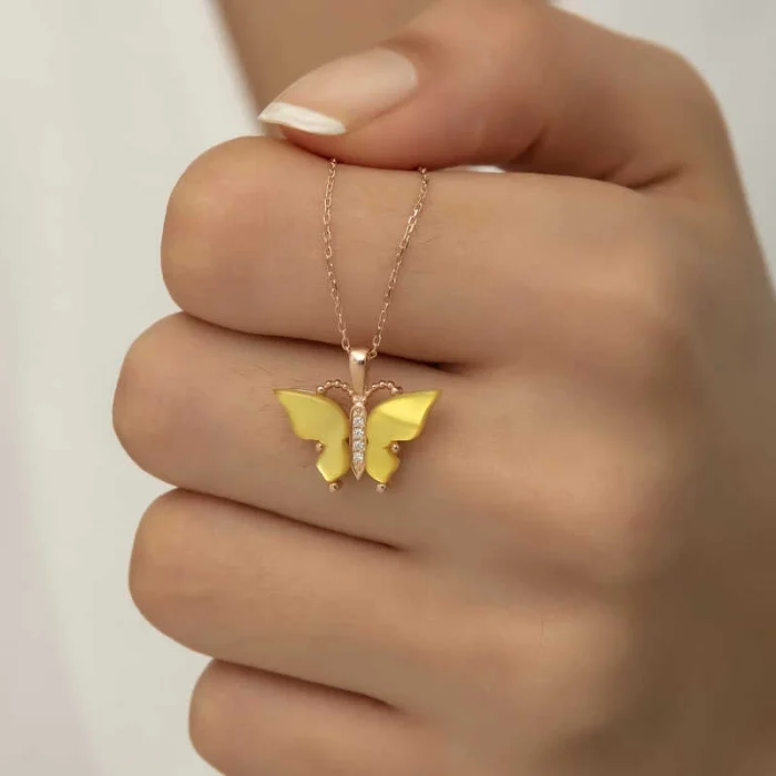Luz&Pos Gümüş Rose Sarı Kaplangözü Taşlı Kelebek Kolye