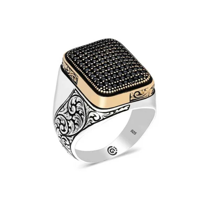 Luz&Pos Gümüş Siyah Zirkon Taşlı Kare Erkek Yüzük