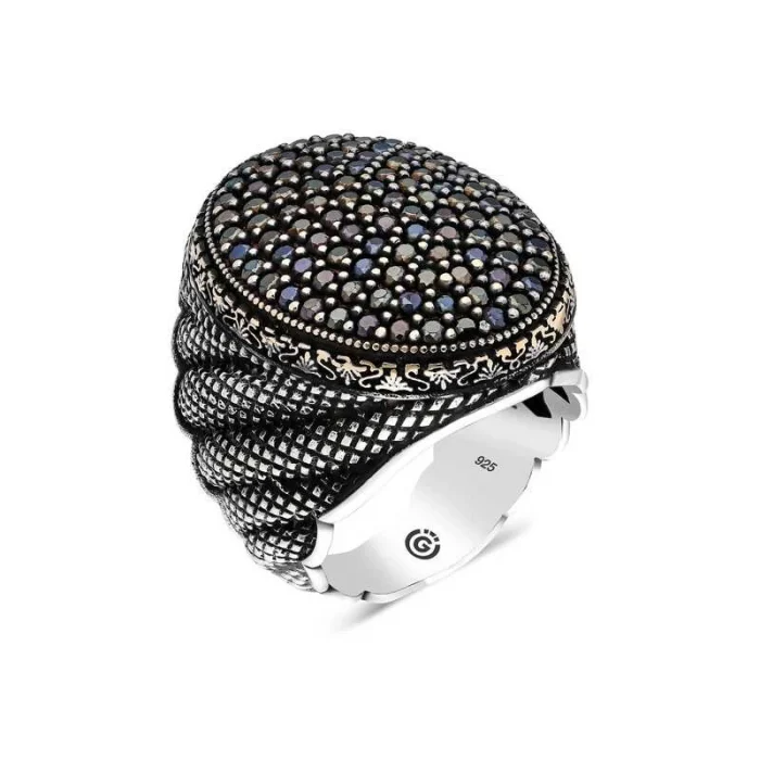 Luz&Pos Gümüş Siyah Zirkon Taşlı Oval Erkek Yüzük