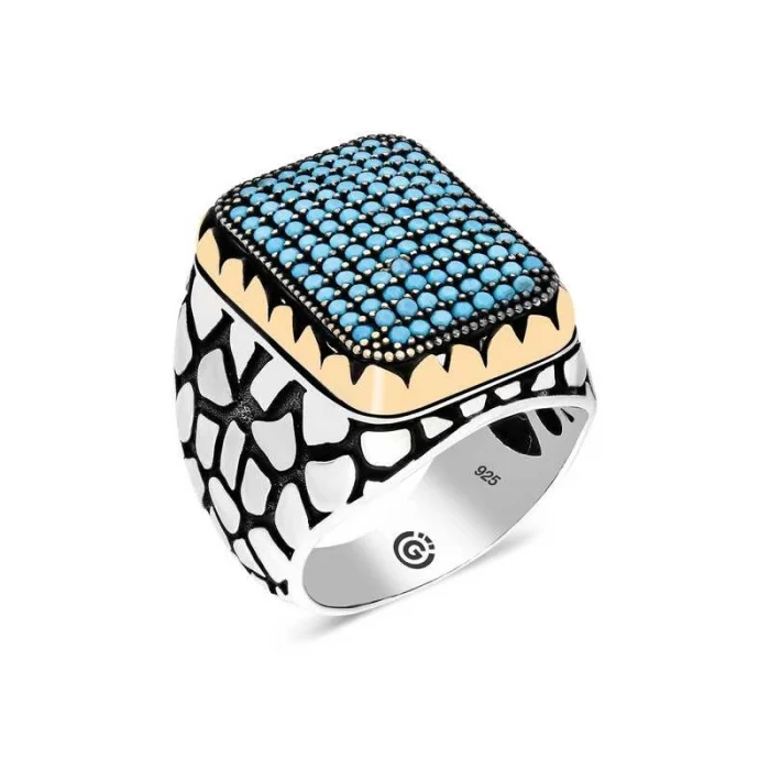Luz&Pos Gümüş Turkuaz Zirkon Taşlı Kare Erkek Yüzük