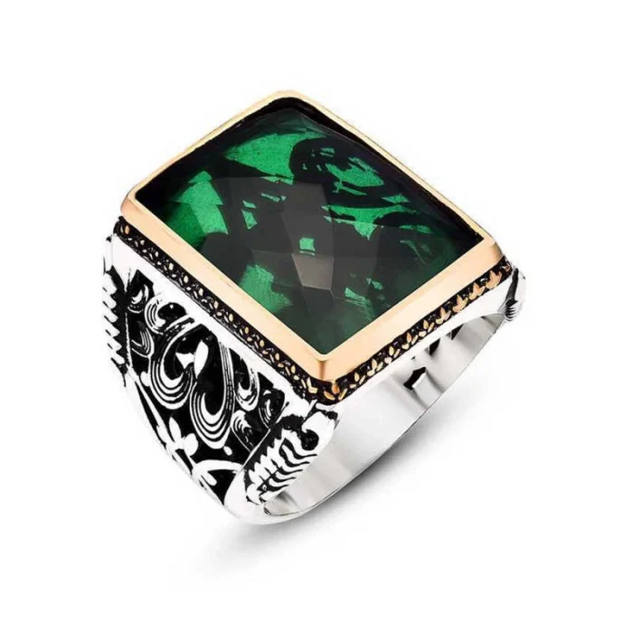 Luz&Pos Gümüş Yeşil Zirkon Taşlı Erkek Yüzük