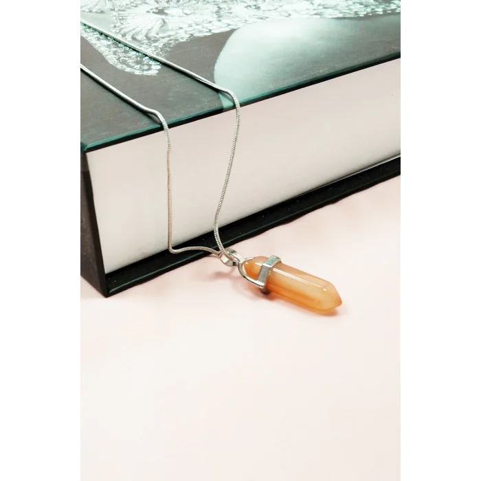 Güneş Taşı Doğal Taşı Zincirli El Yapımı Tasarımlı Kolye Uç: 3,5 cm Zincir: 20 cm Kutulu