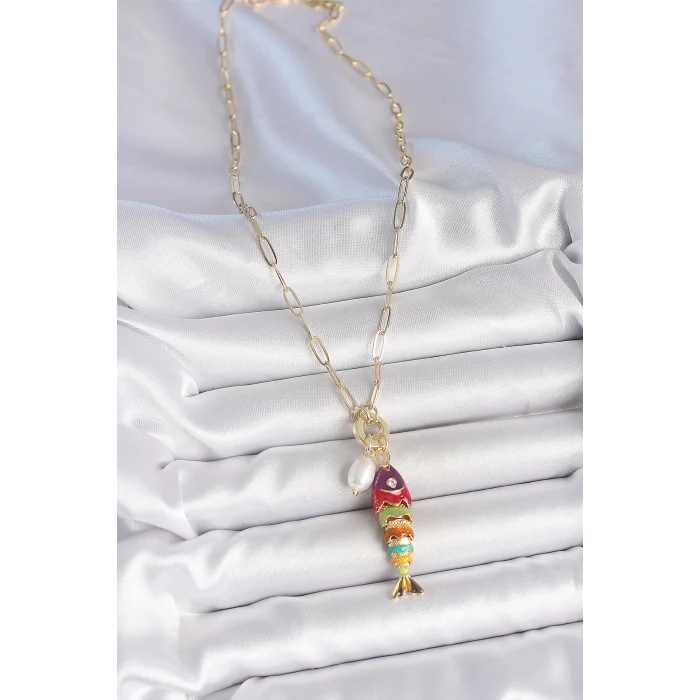 İnci Detaylı Zirkon Taşlı Rainbow Balık Figürlü Gold Renk Pirinç Kolye