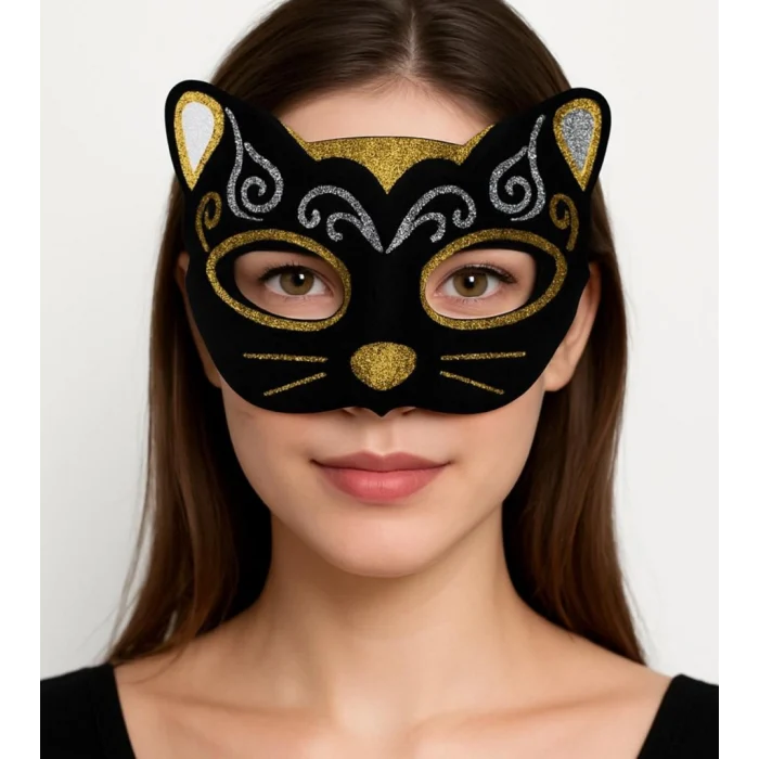 Kadife Dokulu Sim Detaylı Işıltılı Kedi Maskesi Altın Gümüş 20x13 cm