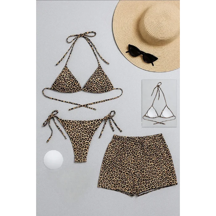 Kadın 3lü Set Leopar Desenli Şortlu ve Yandan Bağlamalı Bikini Mayo Takımı – Modern, Konforlu ve Günlük Kombinlere Uygun