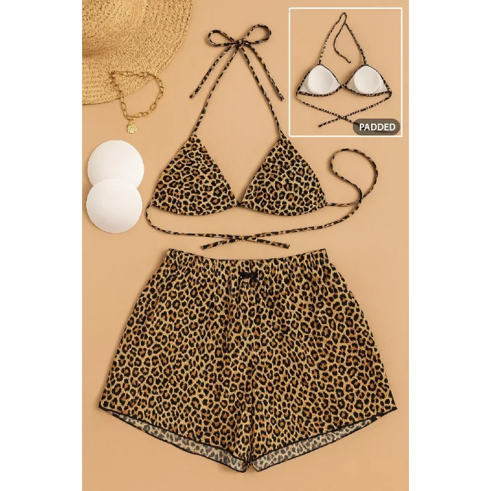 Kadın 3lü Set Leopar Desenli Şortlu ve Yandan Bağlamalı Bikini Mayo Takımı – Modern, Konforlu ve Günlük Kombinlere Uygun