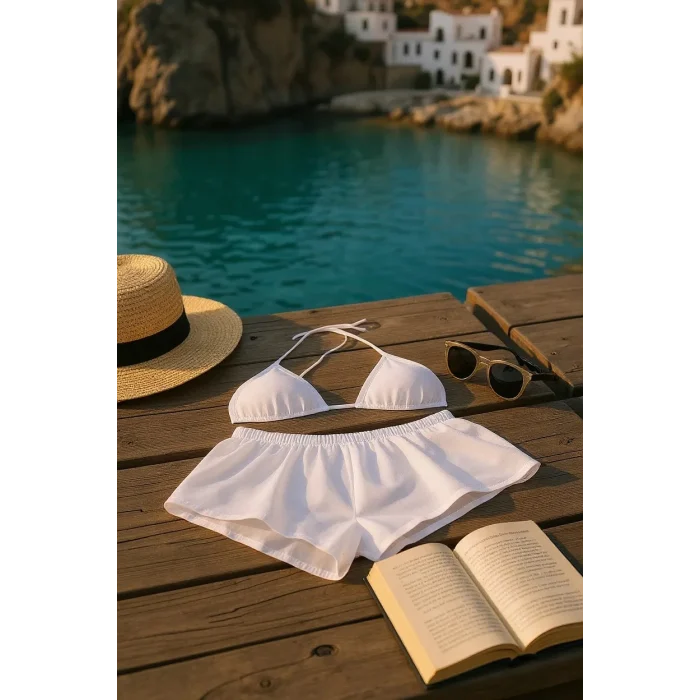 Kadın Beyaz Şortlu Belden ve Boyundan Bağlamalı Bikini Takımı – Modern, Konforlu ve Günlük Kombinlere Uygun