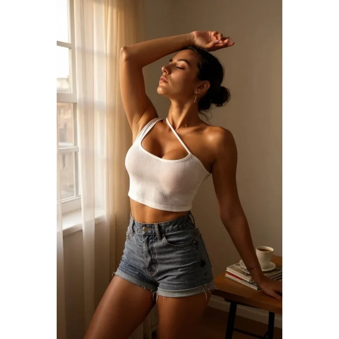 Kadın Beyaz Tek Omuzlu Çapraz Askılı Crop Top Büstiyer