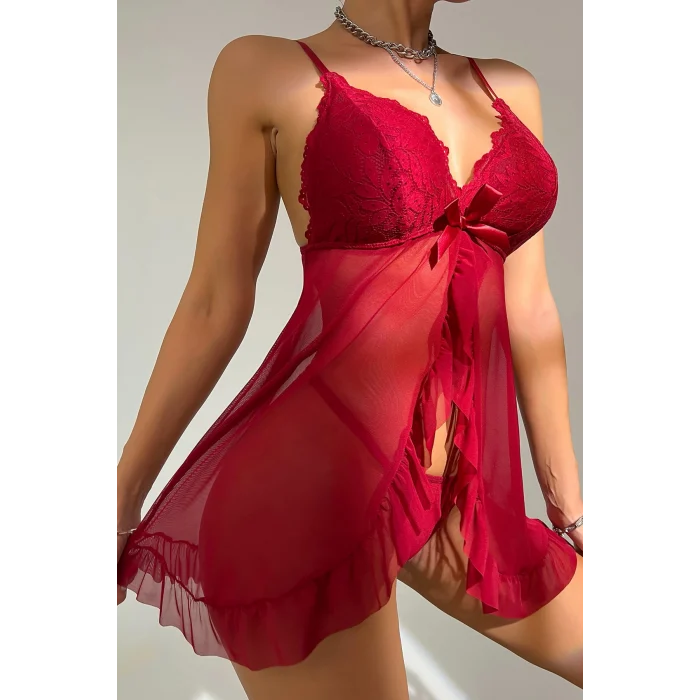 Kadın Bordo Dantelli, Fırfırlı Tül ve Fiyonk Detaylı Tangalı Gecelik Takımı