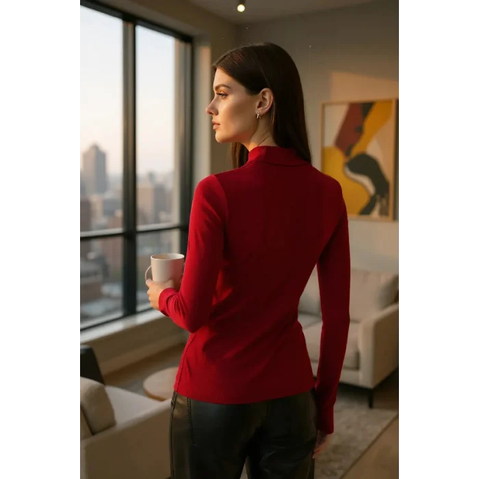 Kadın Bordo Parmak Detaylı Esnek Uzun Kollu Body