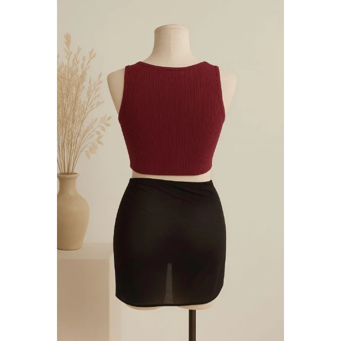 Kadın Bordo Yuvarlak Yaka Crop ve Siyah Pareo 2li Set – Modern ve Şık Tasarım