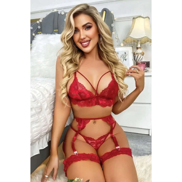 Kadın Fantezi Kostüm Harness Erotik Jartiyer 7081 Kırmızı - Royaleks