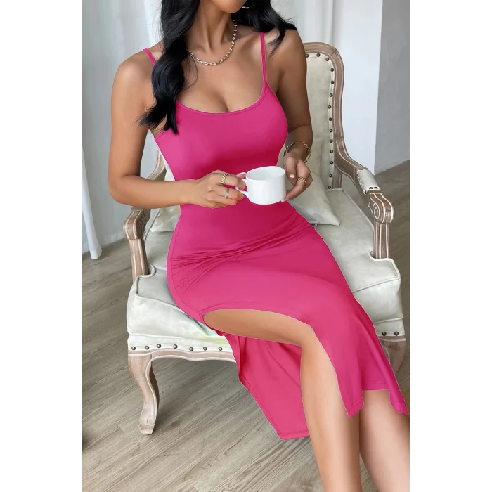 Kadın Fuşya Yırtmaçlı Diz Altı Vücüdu Saran Gecelik