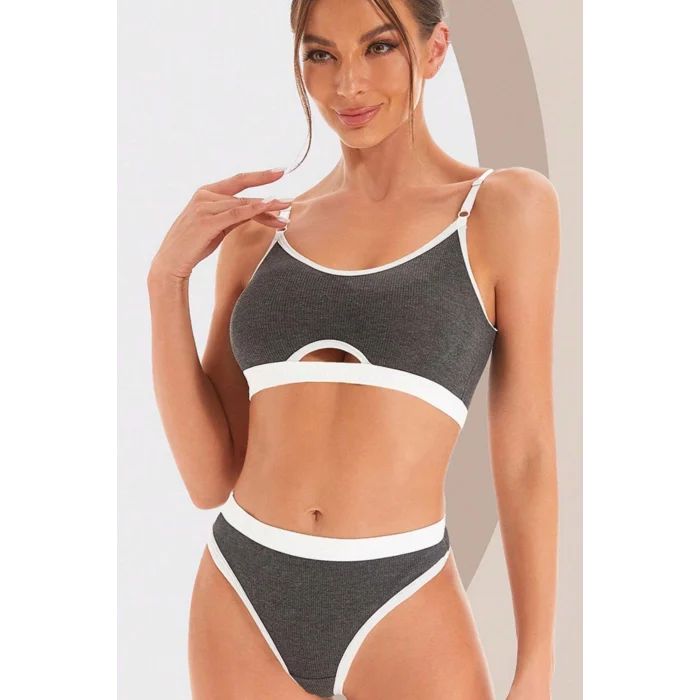 Kadın Gri Antrasit Kaşkorse ve Beyaz Lastikli Cut-Out Tanga Külotlu Takım – Modern, Konforlu