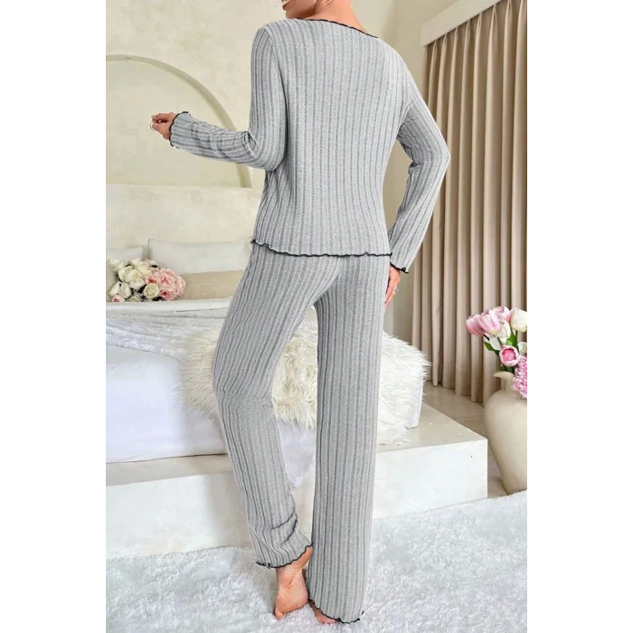 Kadın Gri Çizgili Uzun Kollu Fiyonk Detaylı Pijama Takımı Rahat Mevsimlik