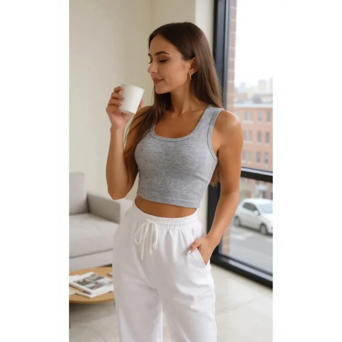 Kadın Gri Kare Yaka Crop Top Bluz – Şık, Rahat ve Kolay Kombinlenebilir