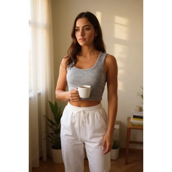Kadın Gri Kare Yaka Crop Top Bluz – Şık, Rahat ve Kolay Kombinlenebilir