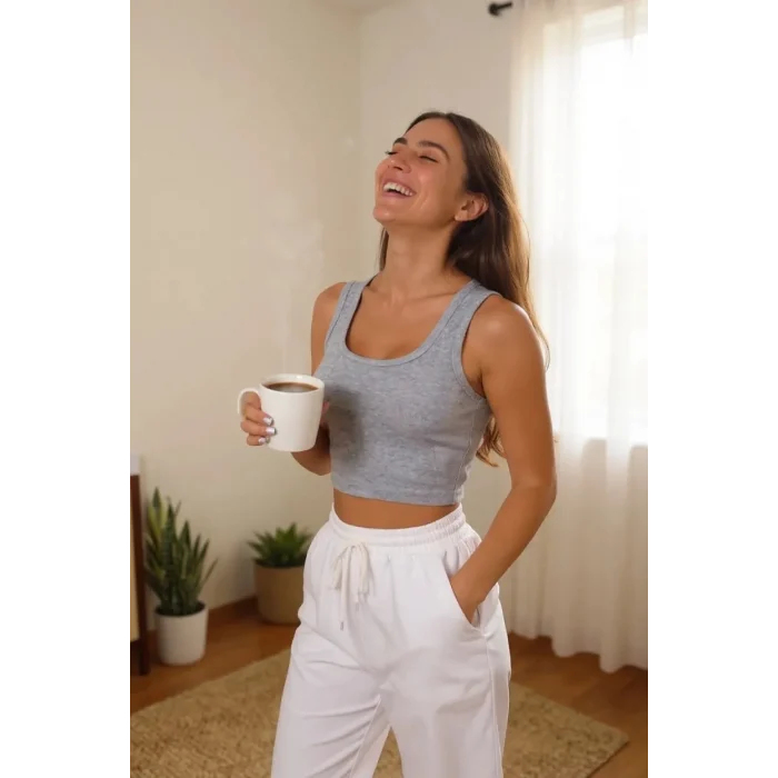 Kadın Gri Kare Yaka Crop Top Bluz – Şık, Rahat ve Kolay Kombinlenebilir