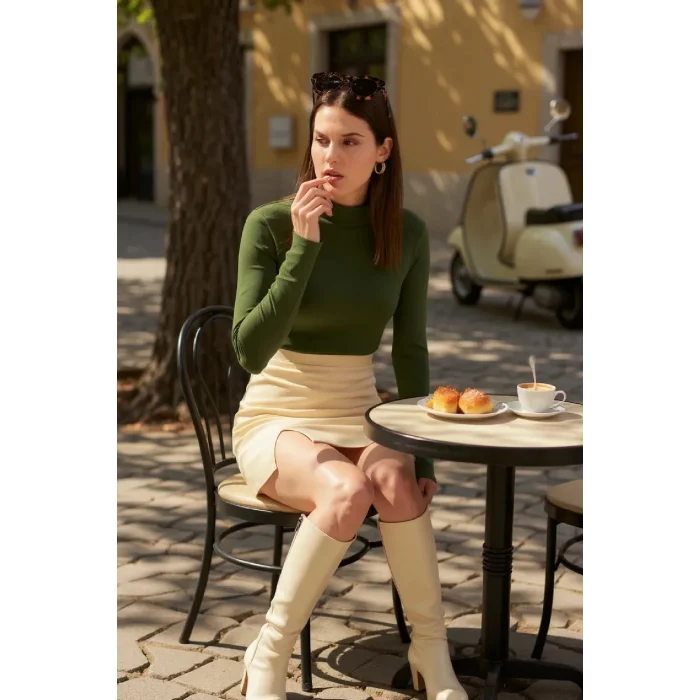 Kadın Haki Yeşili Parmak Detaylı Esnek Uzun Kollu Body