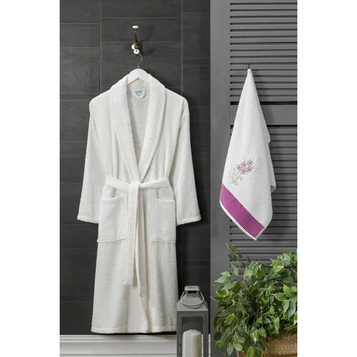 Kadın Havlulu Banyo Bornoz Takımı &#37;100 Pamuklu Beyaz