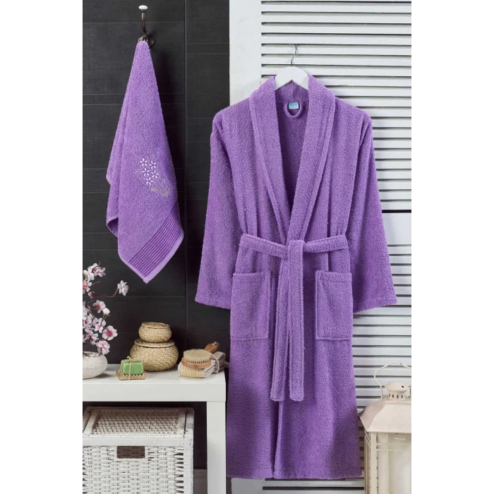 Kadın Havlulu Banyo Bornoz Takımı &#37;100 Pamuklu Lavanta