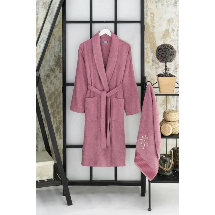 Kadın Havlulu Banyo Bornoz Takımı &#37;100 Pamuklu Mürdüm