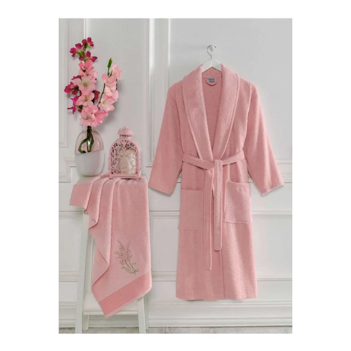 Kadın Havlulu Banyo Bornoz Takımı &#37;100 Pamuklu Pembe
