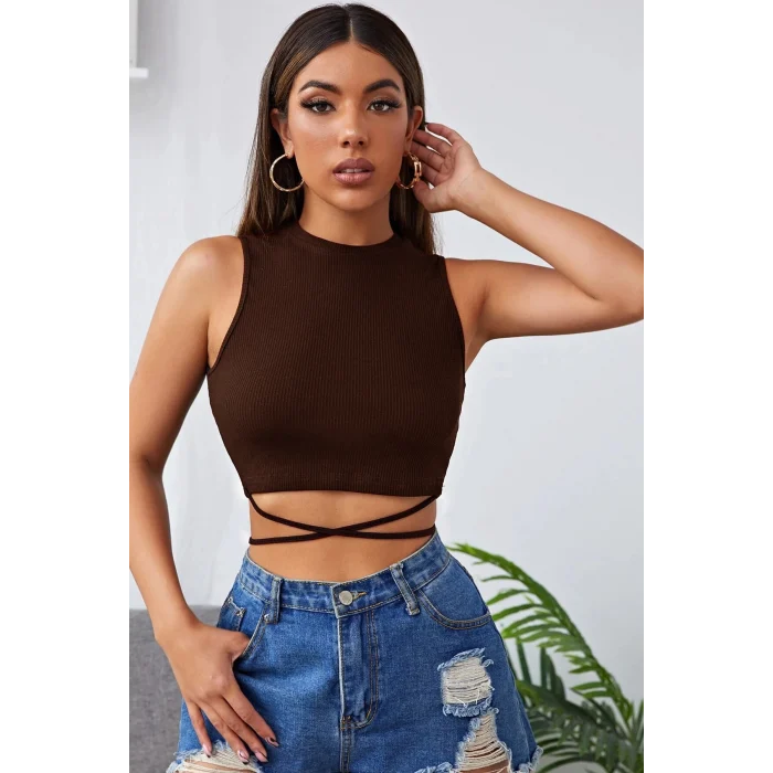 Kadın Kahverengi Çapraz Bağlamalı Crop Top Büstiyer – Modern ve Şık Tasarım