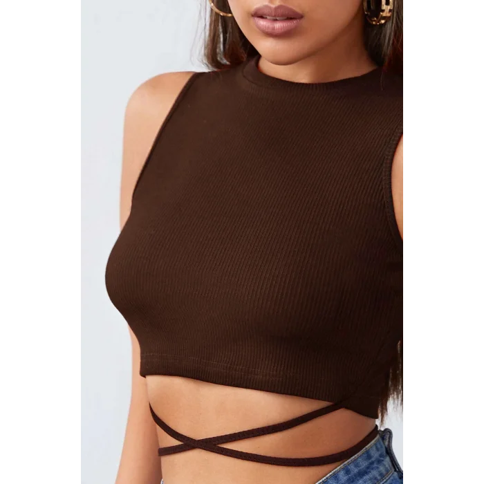 Kadın Kahverengi Çapraz Bağlamalı Crop Top Büstiyer – Modern ve Şık Tasarım