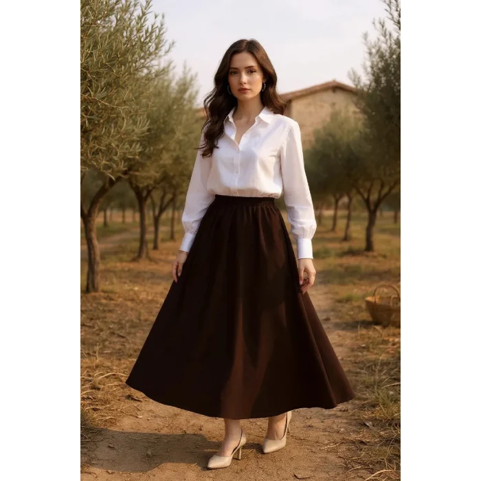 Kadın Kahverengi Double Kumaş Beli Lastikli Cepli Etek